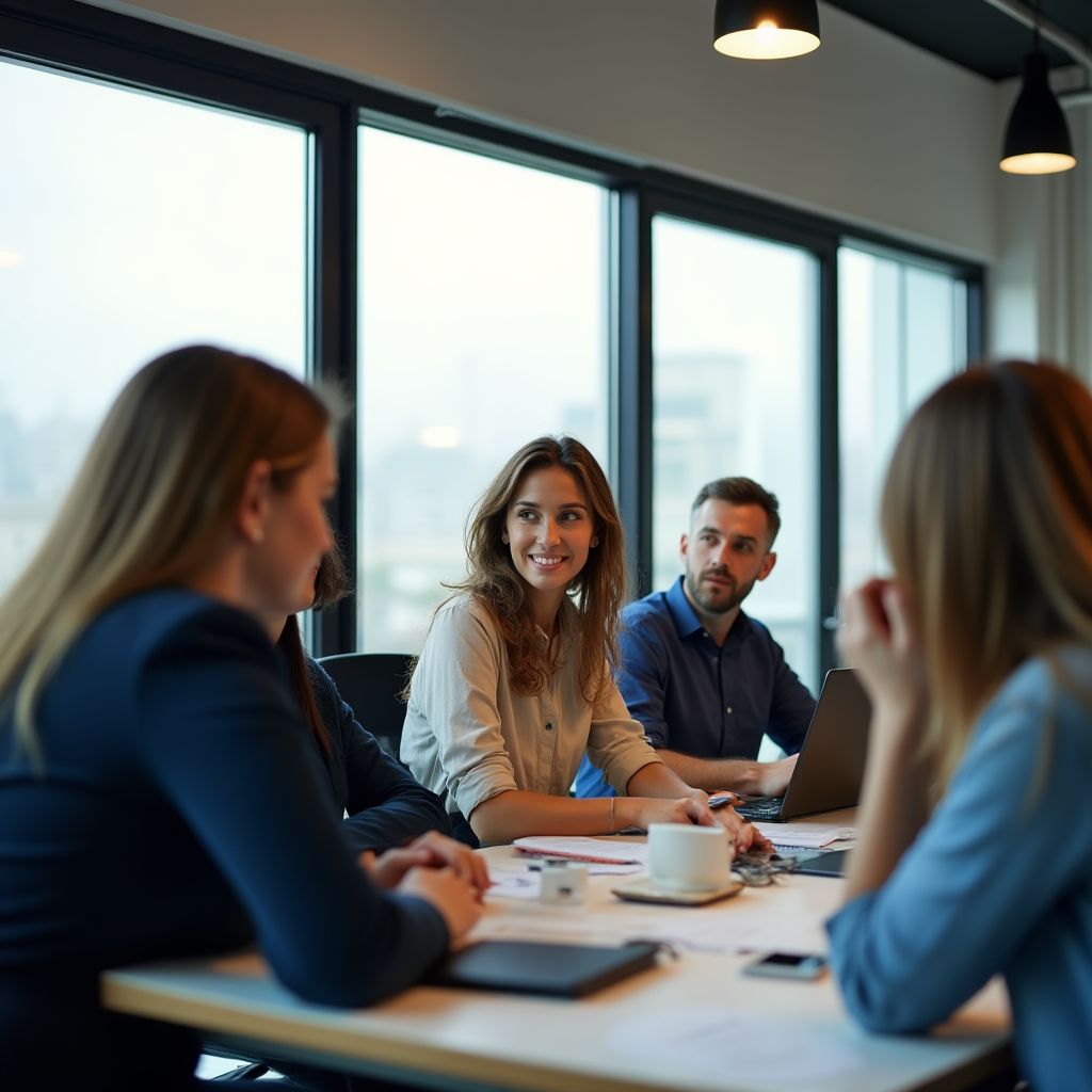 Oficina moderna de consultoría con equipo discutiendo